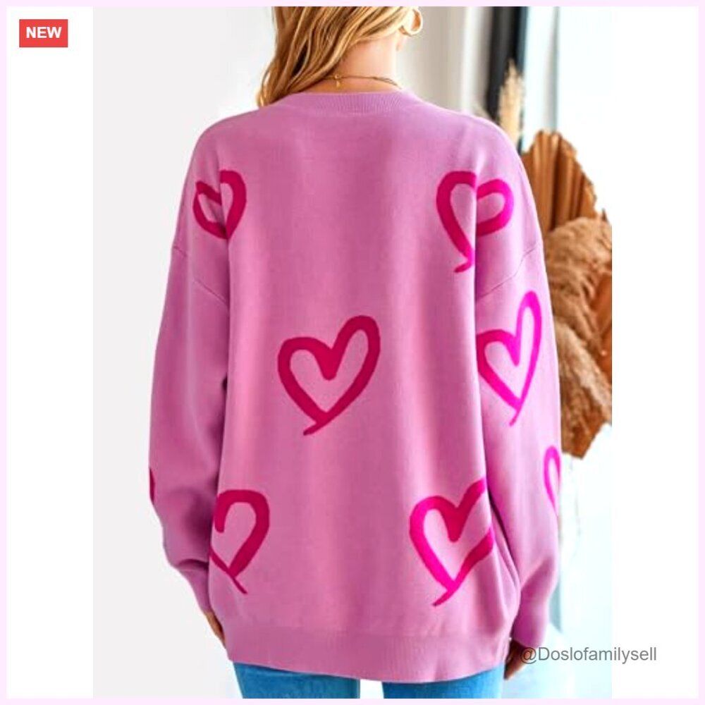 Oversized Heart Print Pullover Sweater Crew Neck Long Sleeve Knit Y2K Cute - Picture 6 of 7
